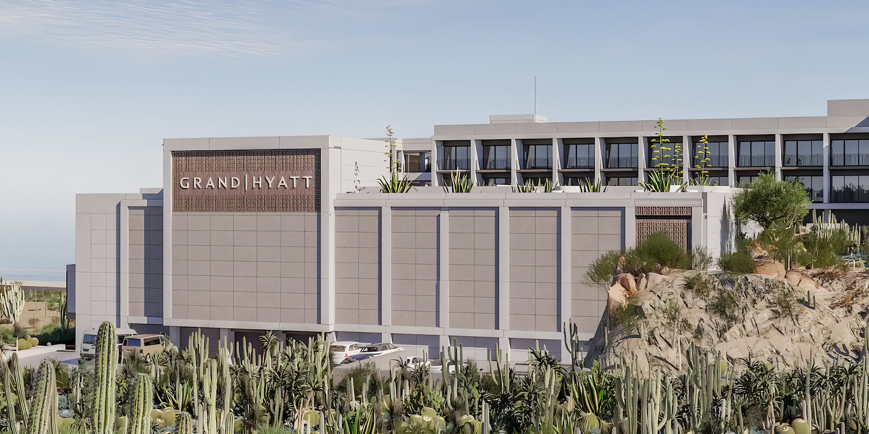 Grand Hyatt Los Cabos Resort—modern facade, desert plants; a stunning destination wedding location.