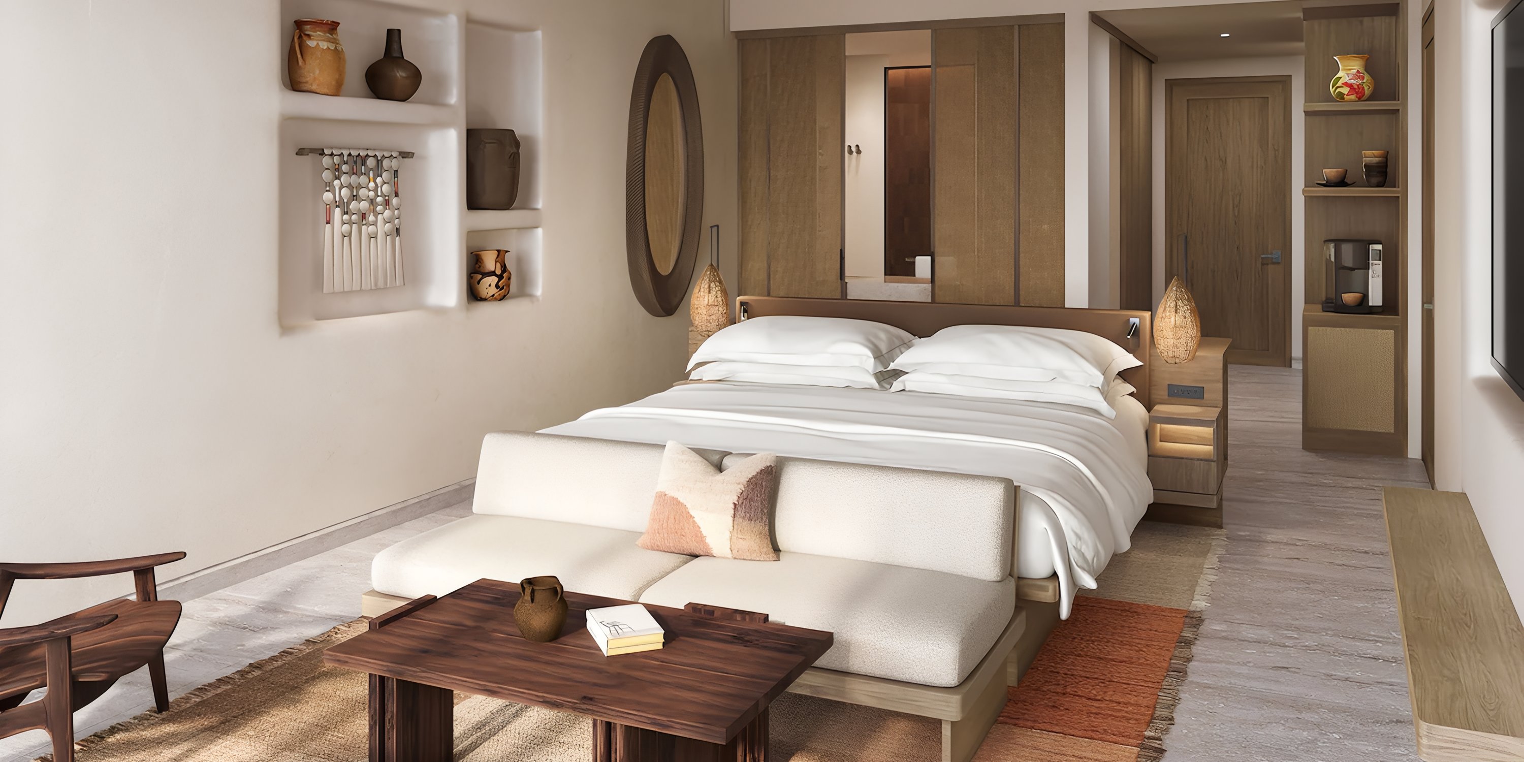 Grand Hyatt Los Cabos Resort room with wedding-ready decor, made bed, and elegant wooden furniture.