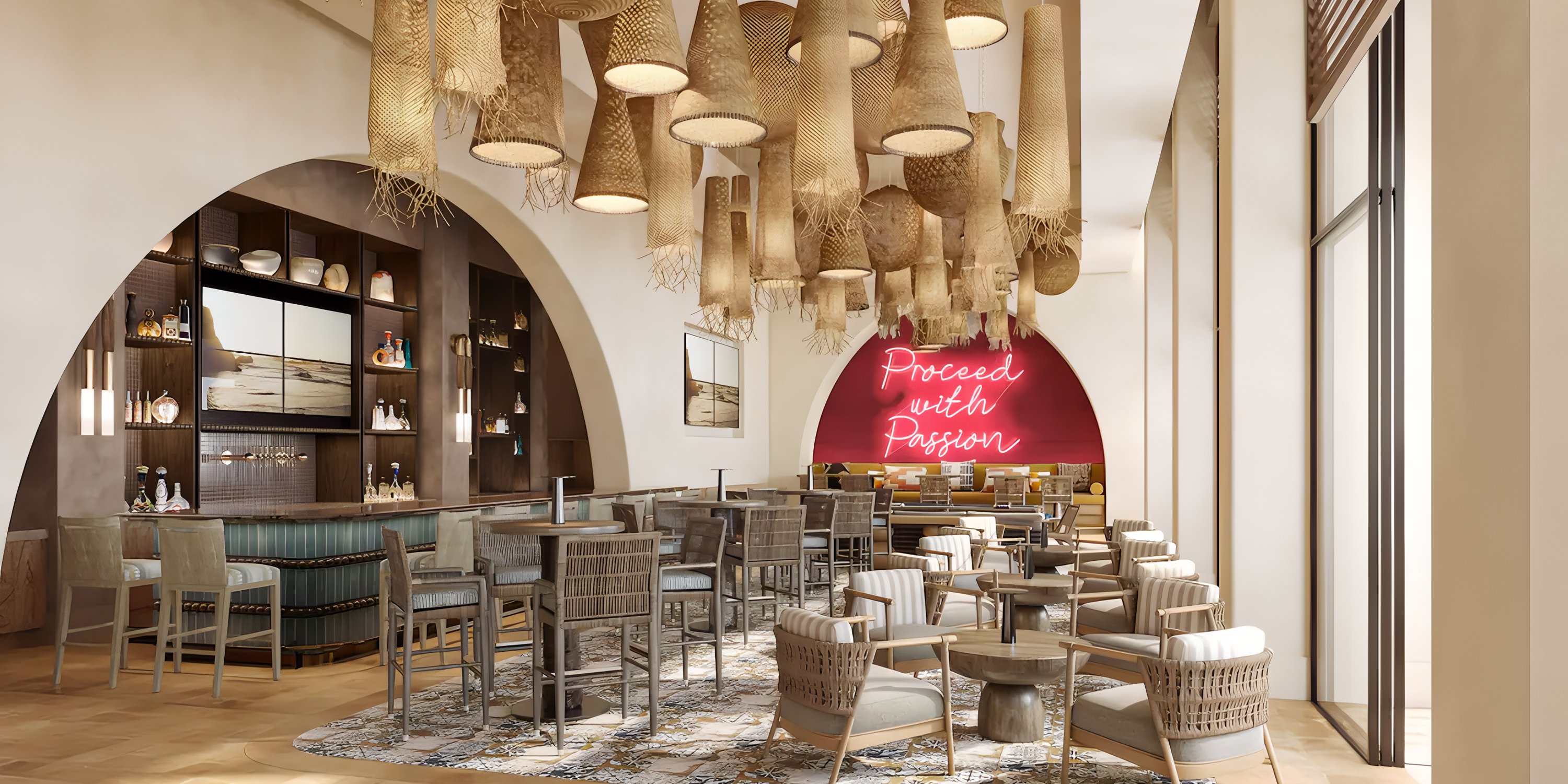 Grand Hyatt Los Cabos bar: wicker lights, wood chairs, neon sign—ideal for a destination wedding.