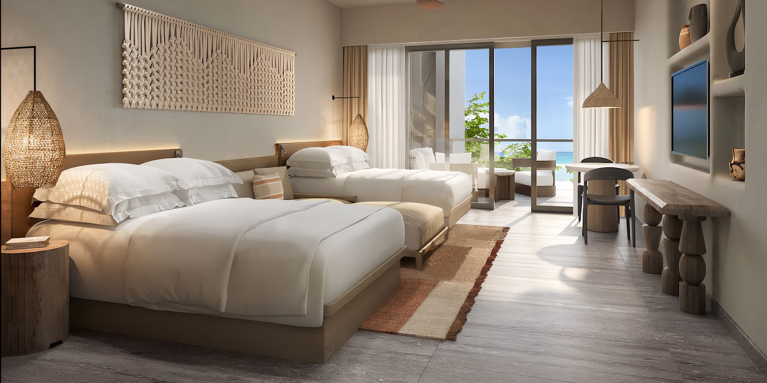 Grand Hyatt Los Cabos: Modern room, 2 beds, TV, desk, balcony with ocean view for weddings.