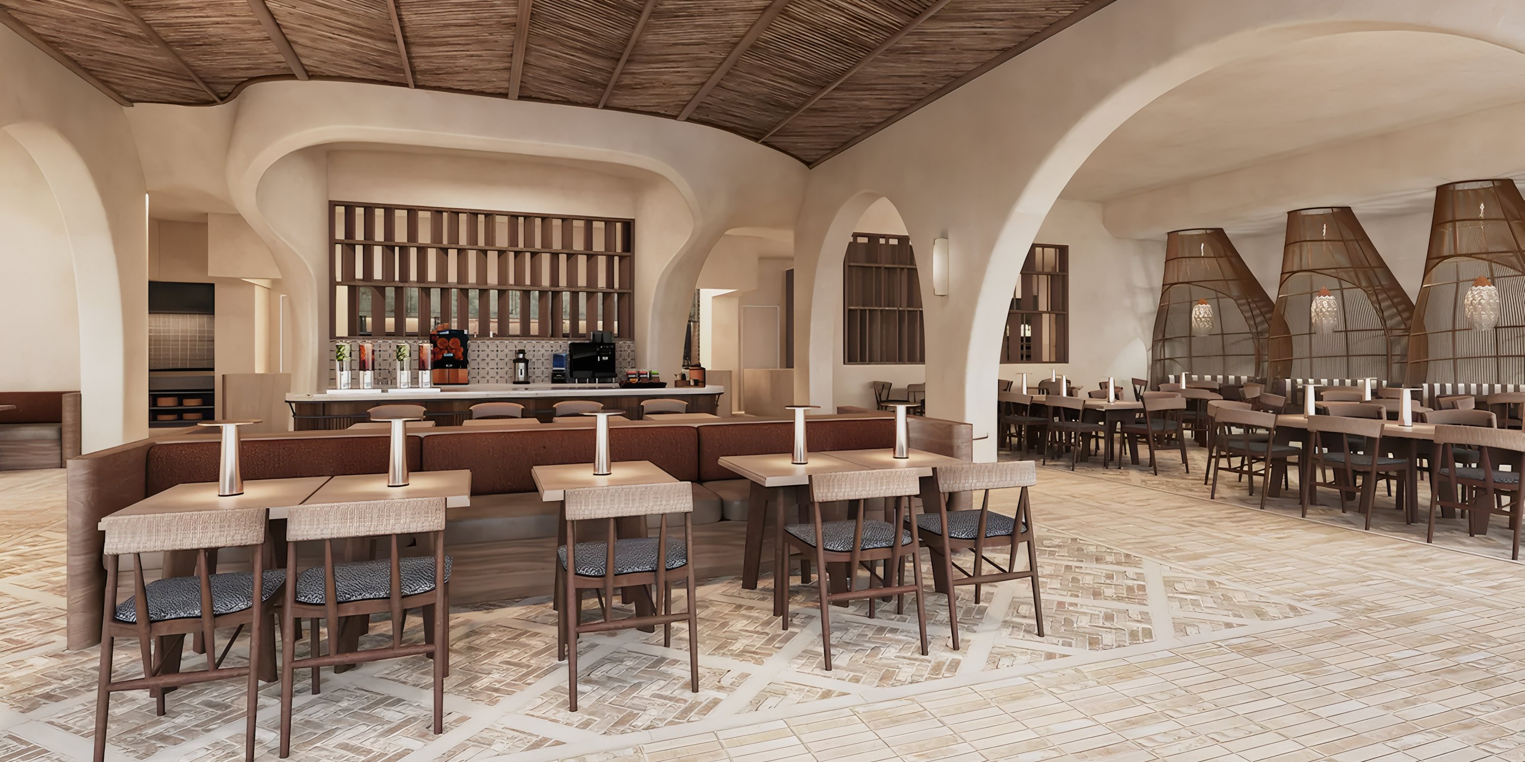 Grand Hyatt Los Cabos: spacious wedding venue with wood tables, chairs, bar, and rustic ceiling.