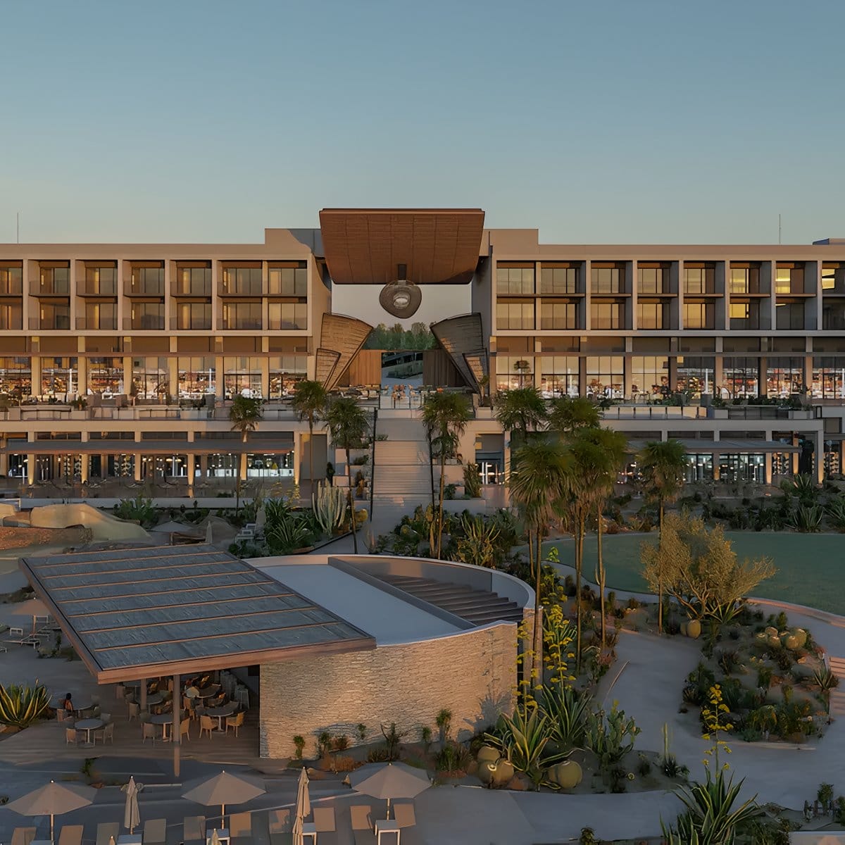 Modern Grand Hyatt Los Cabos—big windows, outdoor seating, sunset views: ideal for a wedding.