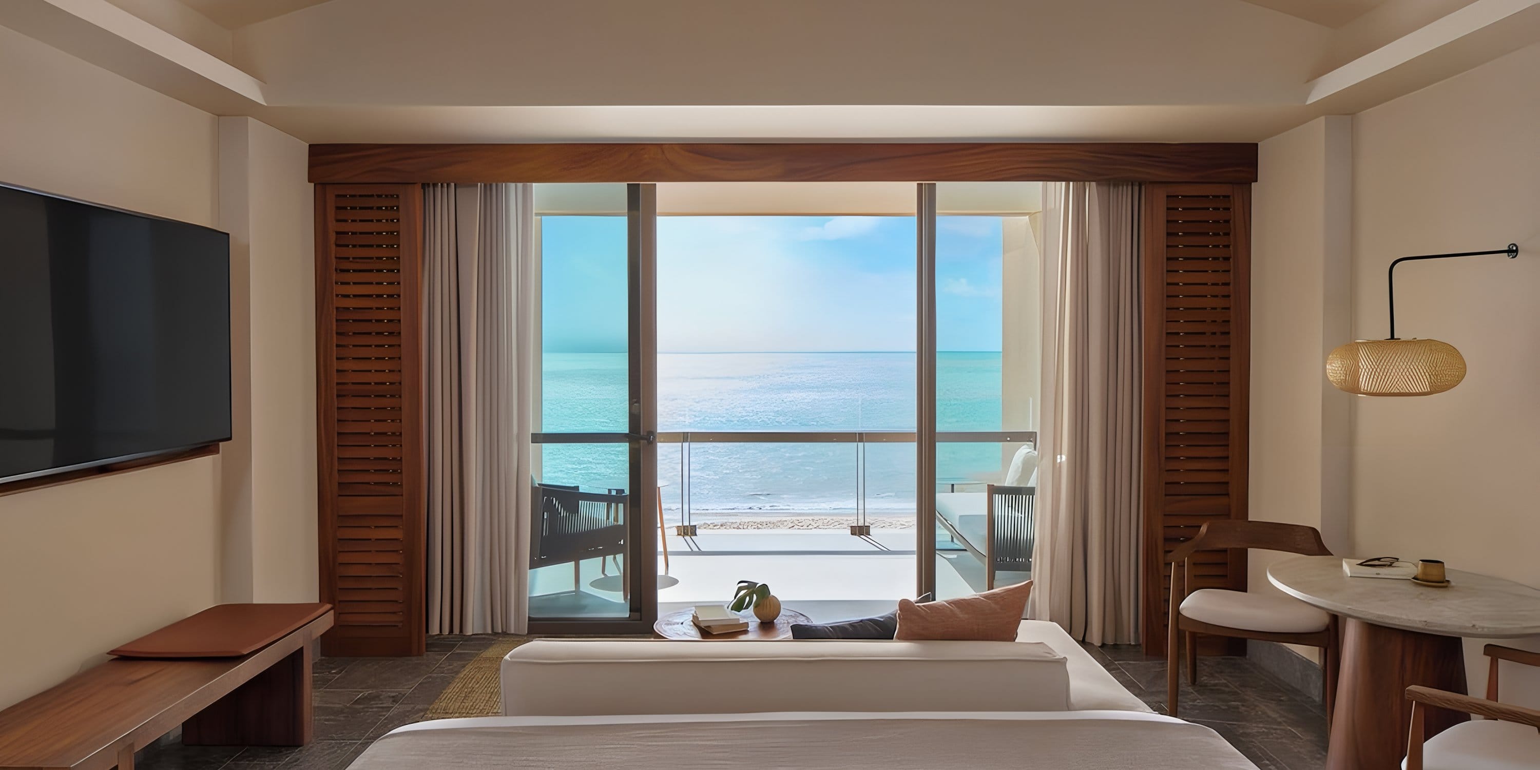 Park Hyatt Riviera Maya: Ideal for a destination wedding—large bed, TV, desk & ocean-view balcony.