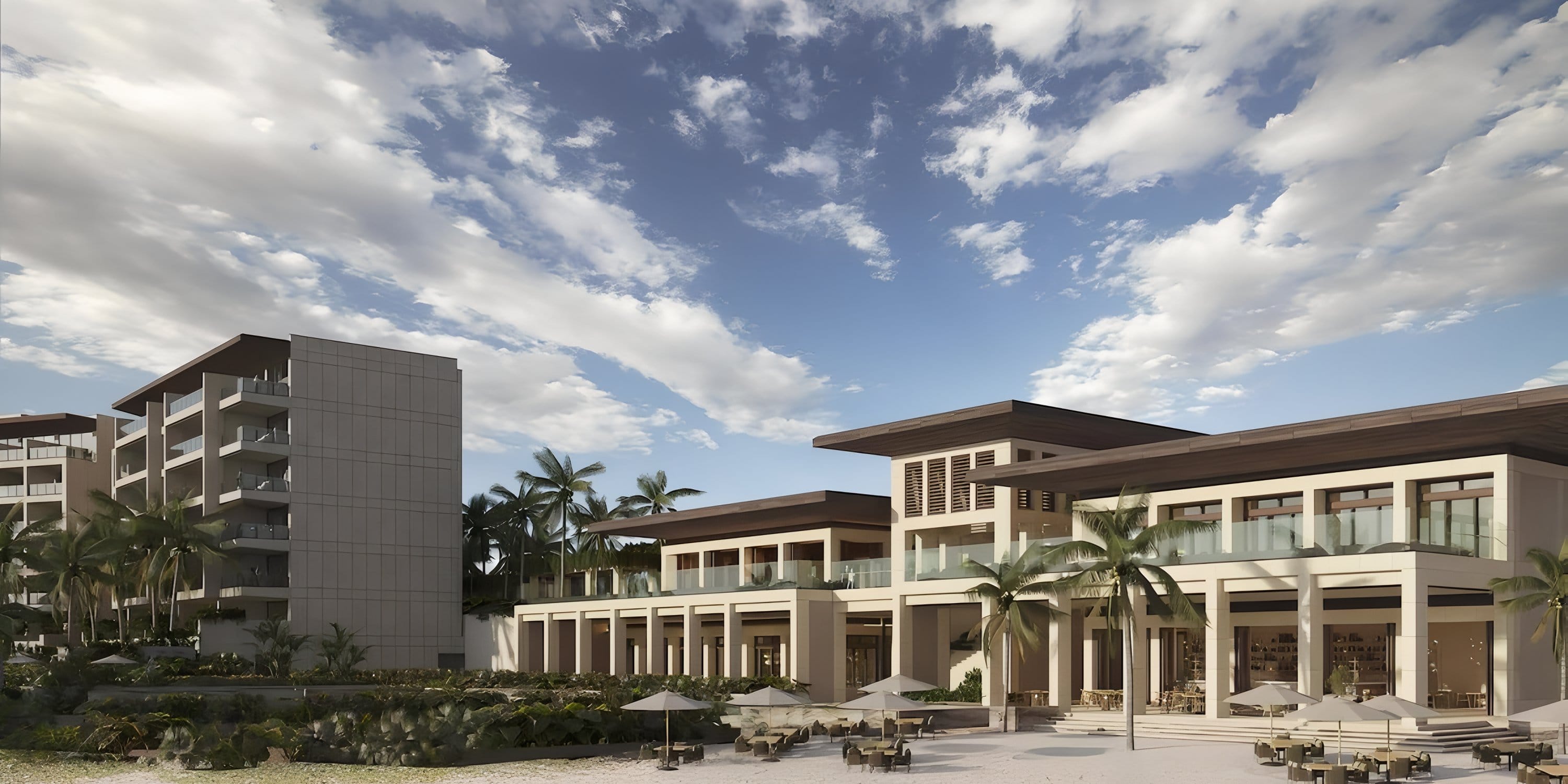 Park Hyatt Riviera Maya: modern beachfront resort ideal for weddings, with palm trees, blue skies.
