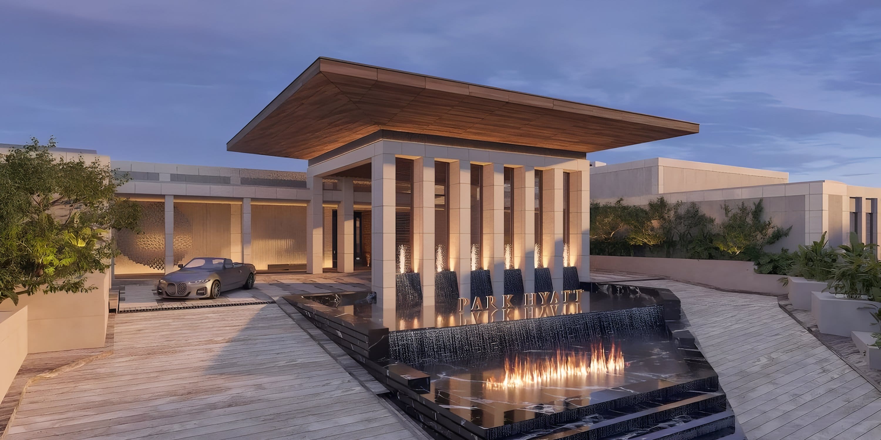 Park Hyatt Riviera Maya: elegant entrance with columns, pools—perfect for a destination wedding.