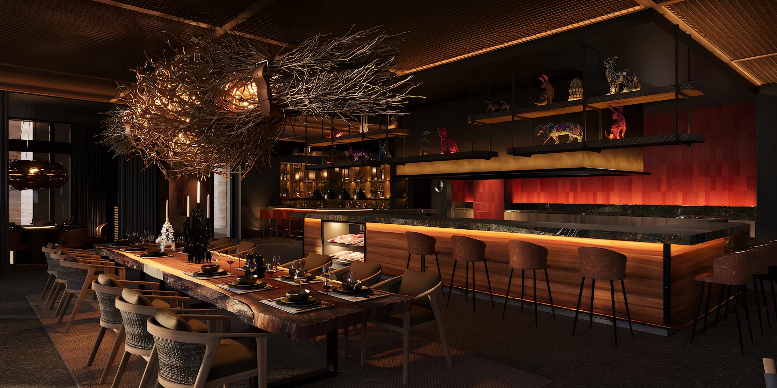 Park Hyatt Riviera Maya’s bar seating and live-edge table create a chic destination wedding venue.