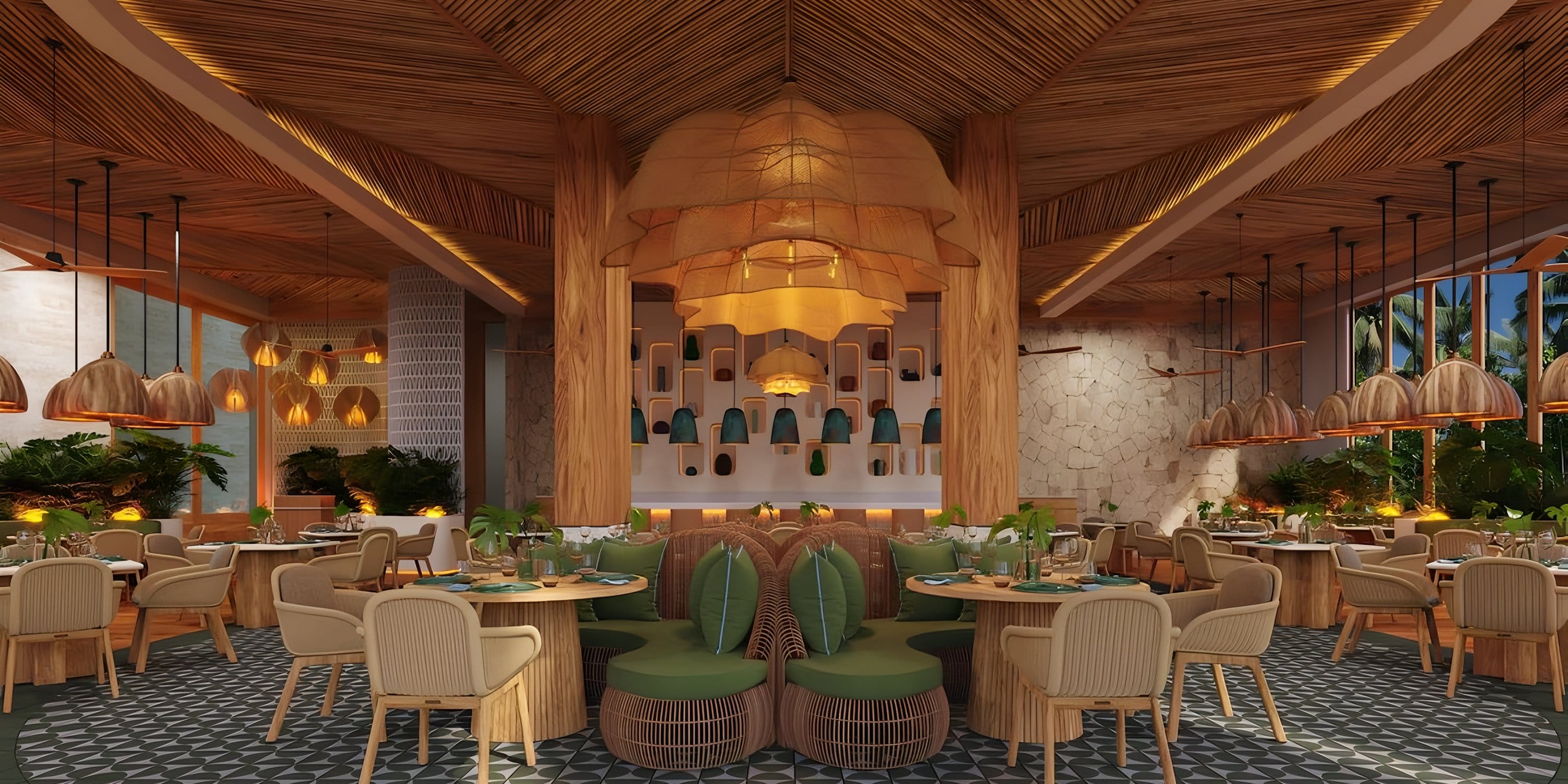 Park Hyatt Riviera Maya: elegant wedding venue with wood accents, green seats, and chic lighting.