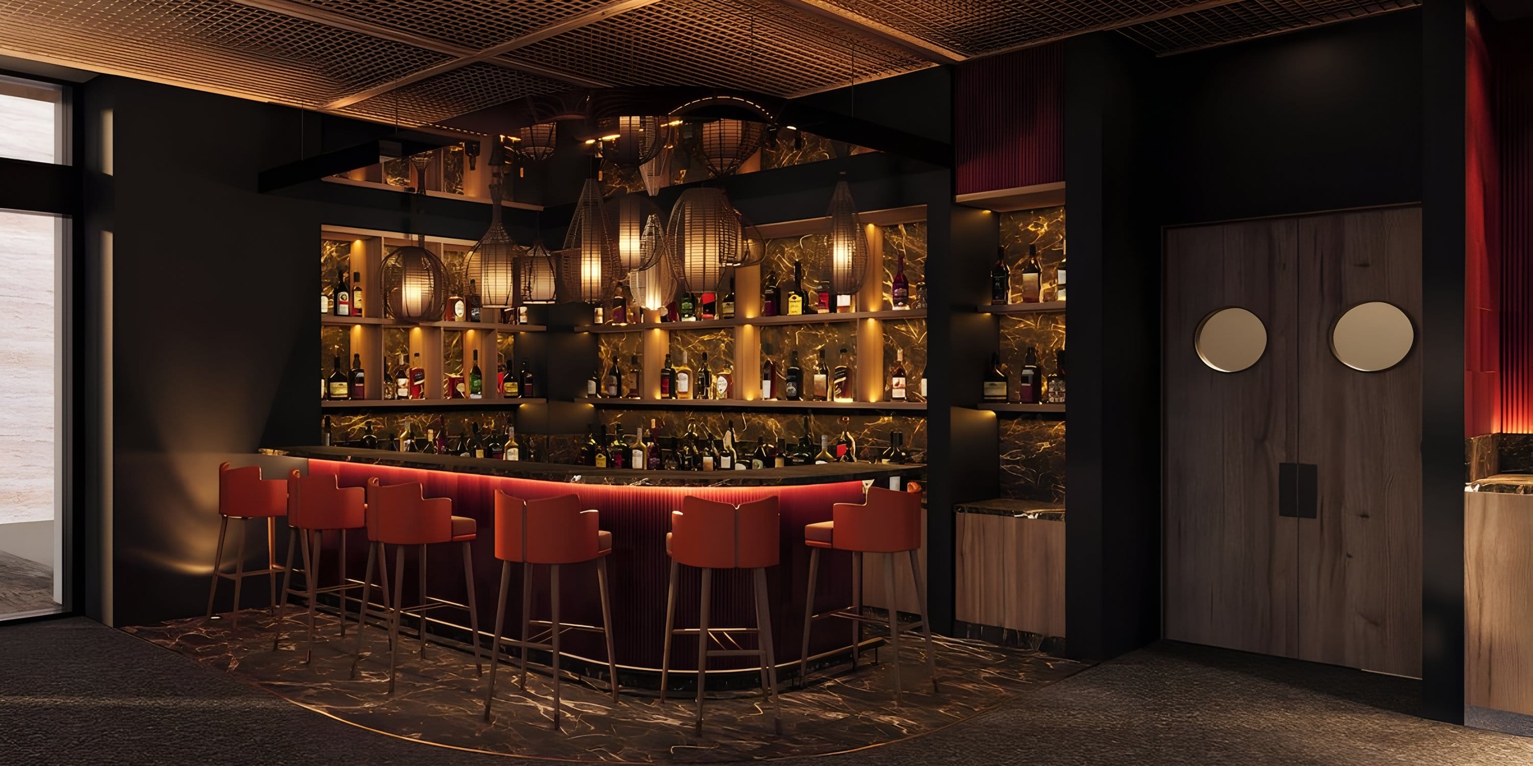 Park Hyatt Riviera Maya bar with red stools, bottle shelves, and wood accents—ideal for a wedding.
