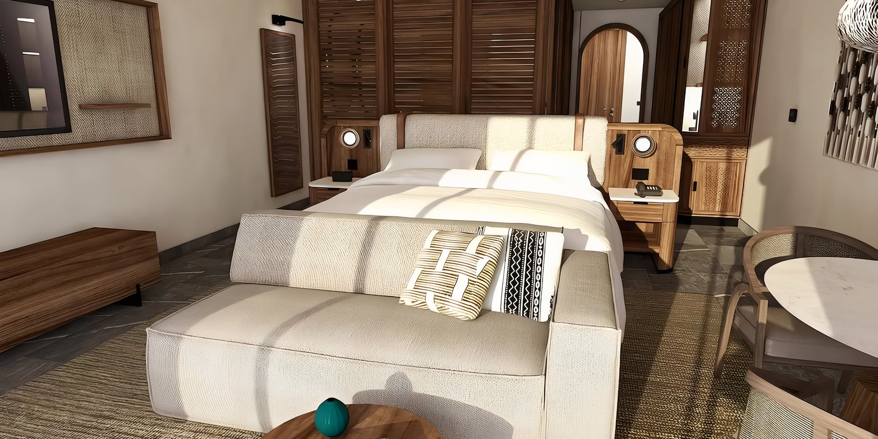 Park Hyatt Riviera Maya room: bed, sofa, wood accents—perfect for a destination wedding stay.