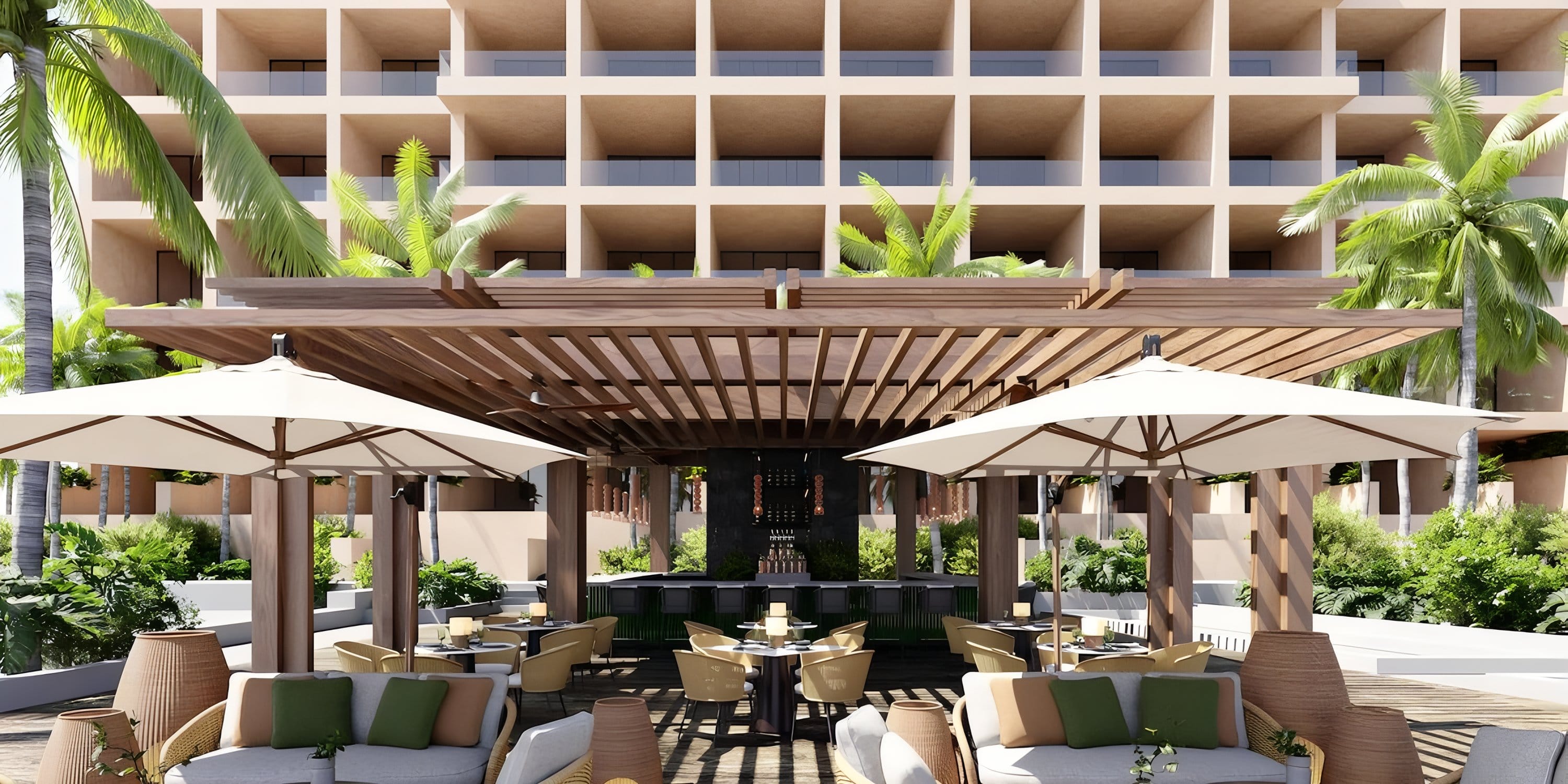 Park Hyatt Riviera Maya outdoor lounge, ideal for destination weddings, with pergola and seating.