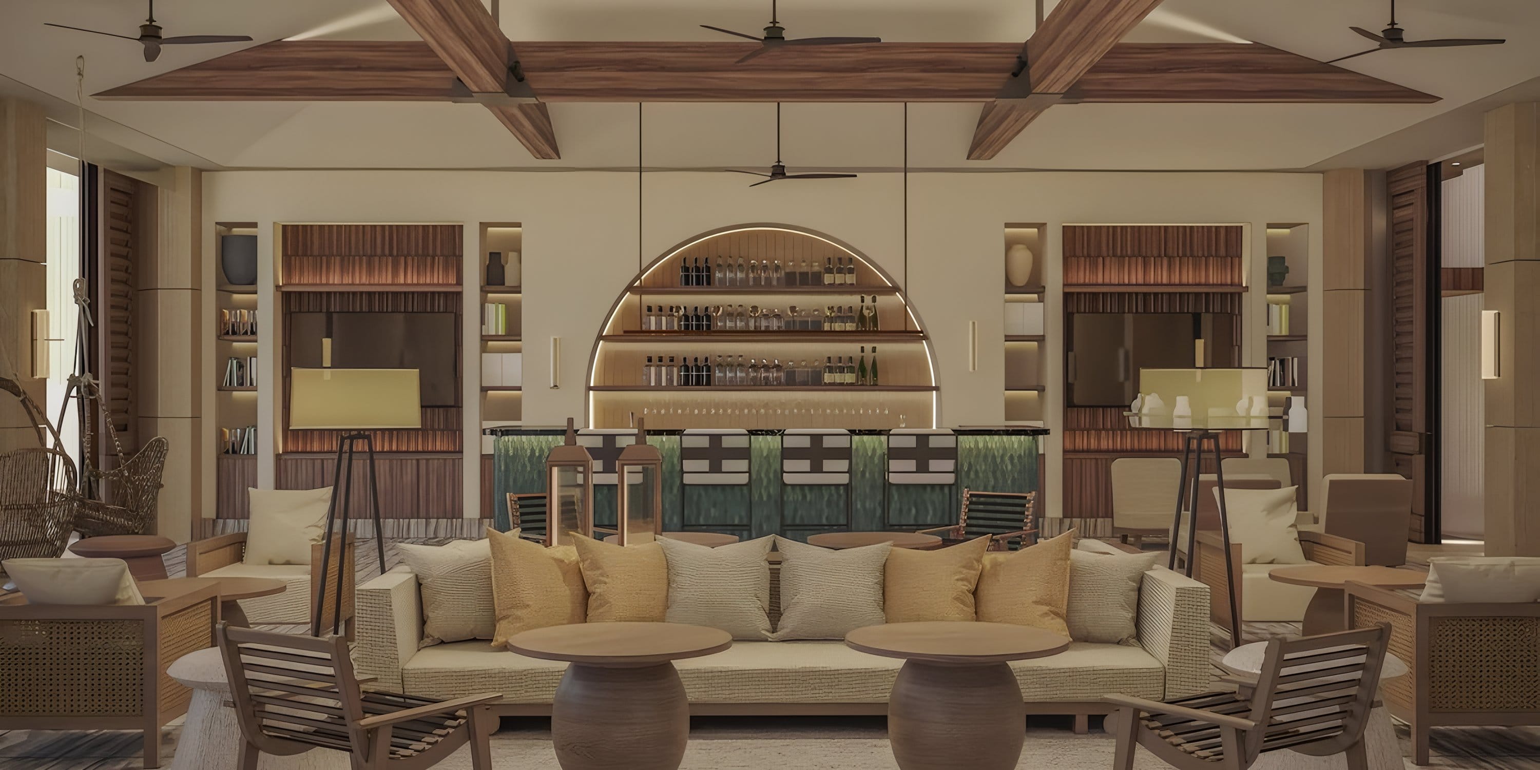 Park Hyatt Riviera Maya: modern wedding lounge with wood accents, green bar, sofas, and tables.