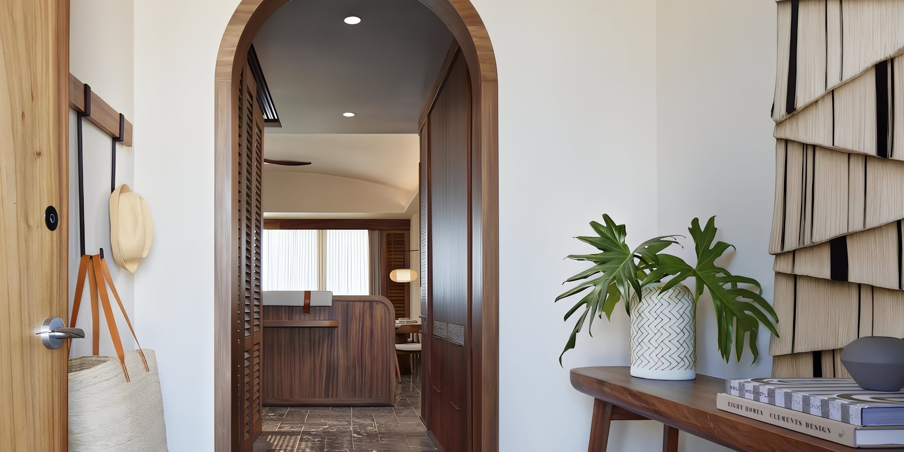 Park Hyatt Riviera Maya hallway with wood accents, potted plant—perfect for a destination wedding.