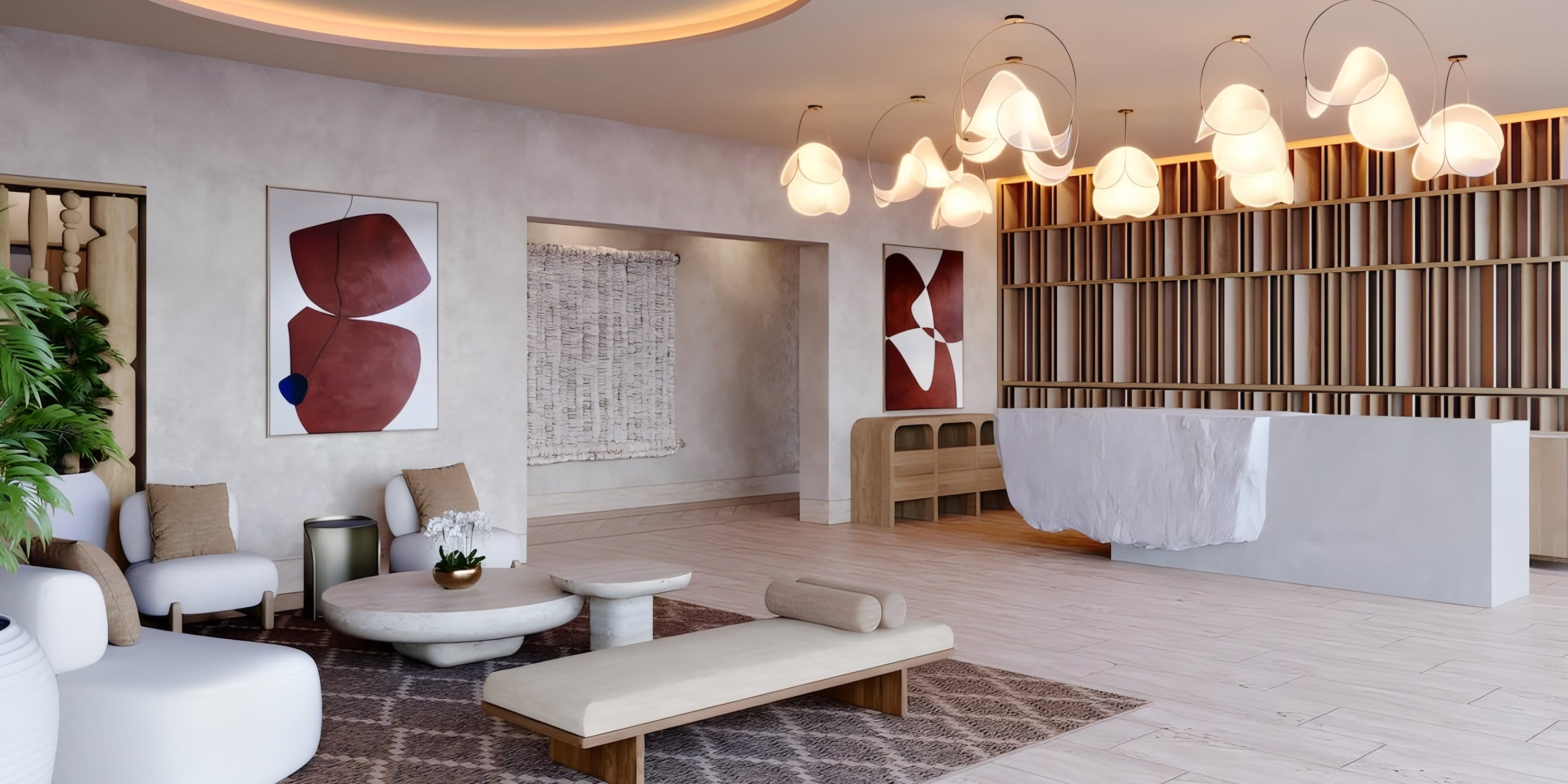 Park Hyatt Riviera Maya: Chic lobby perfect for a destination wedding, with modern art and lighting.