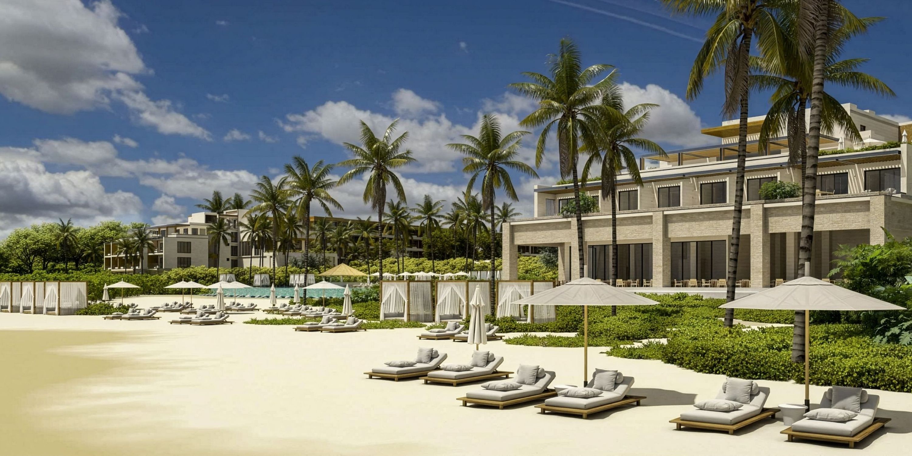 Dreams Macao Beach: ideal for a destination wedding, with lounge chairs, umbrellas, and palms.