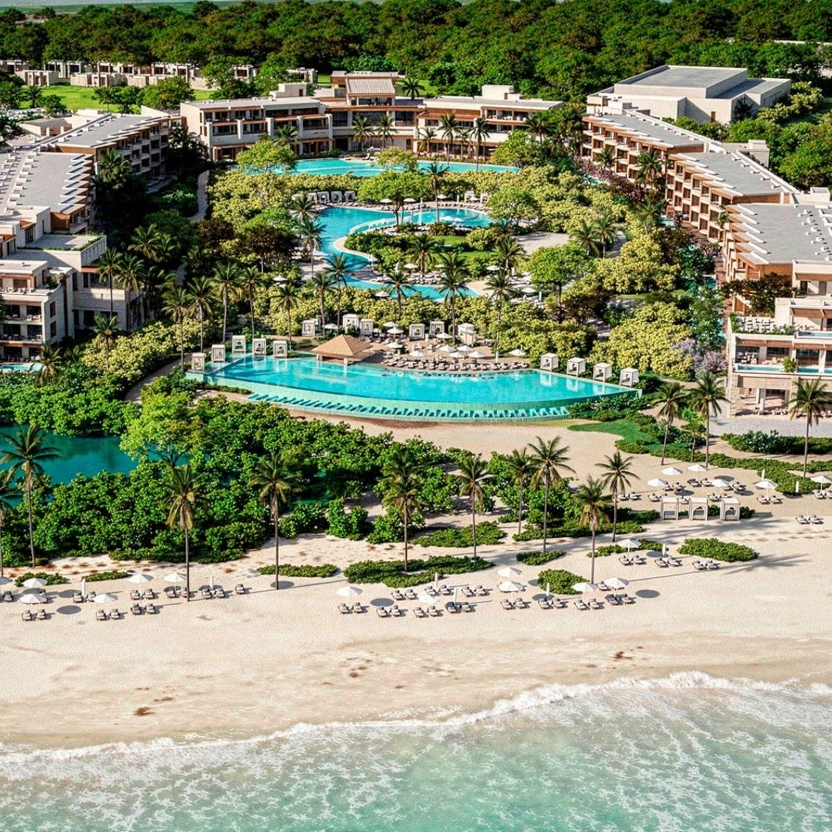 Aerial view of Dreams Macao Beach, perfect for a destination wedding with pools and lush greenery.