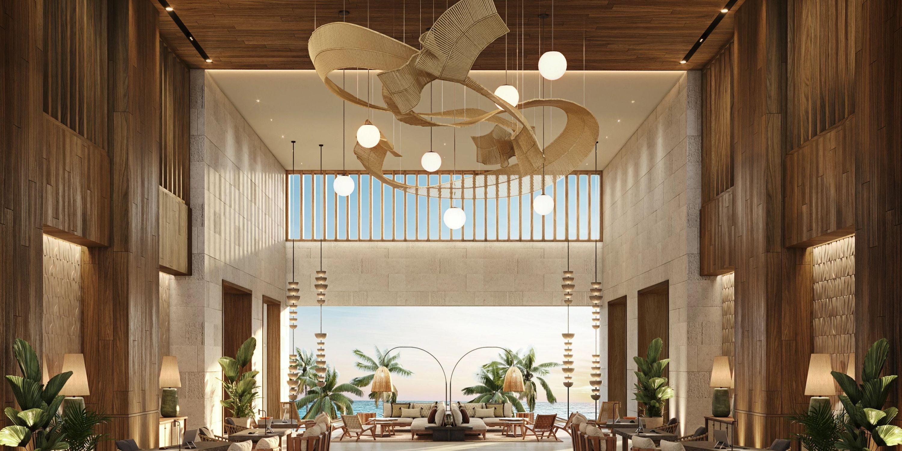 Dreams Macao Beach: Elegant wood lobby, chandelier&mdash;ideal setting for a destination wedding.