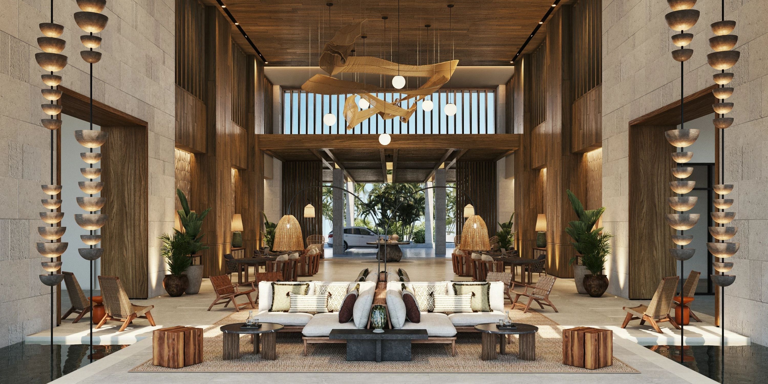 Dreams Macao Beach lobby: wood decor, neutral furniture, ideal for a destination wedding entrance.