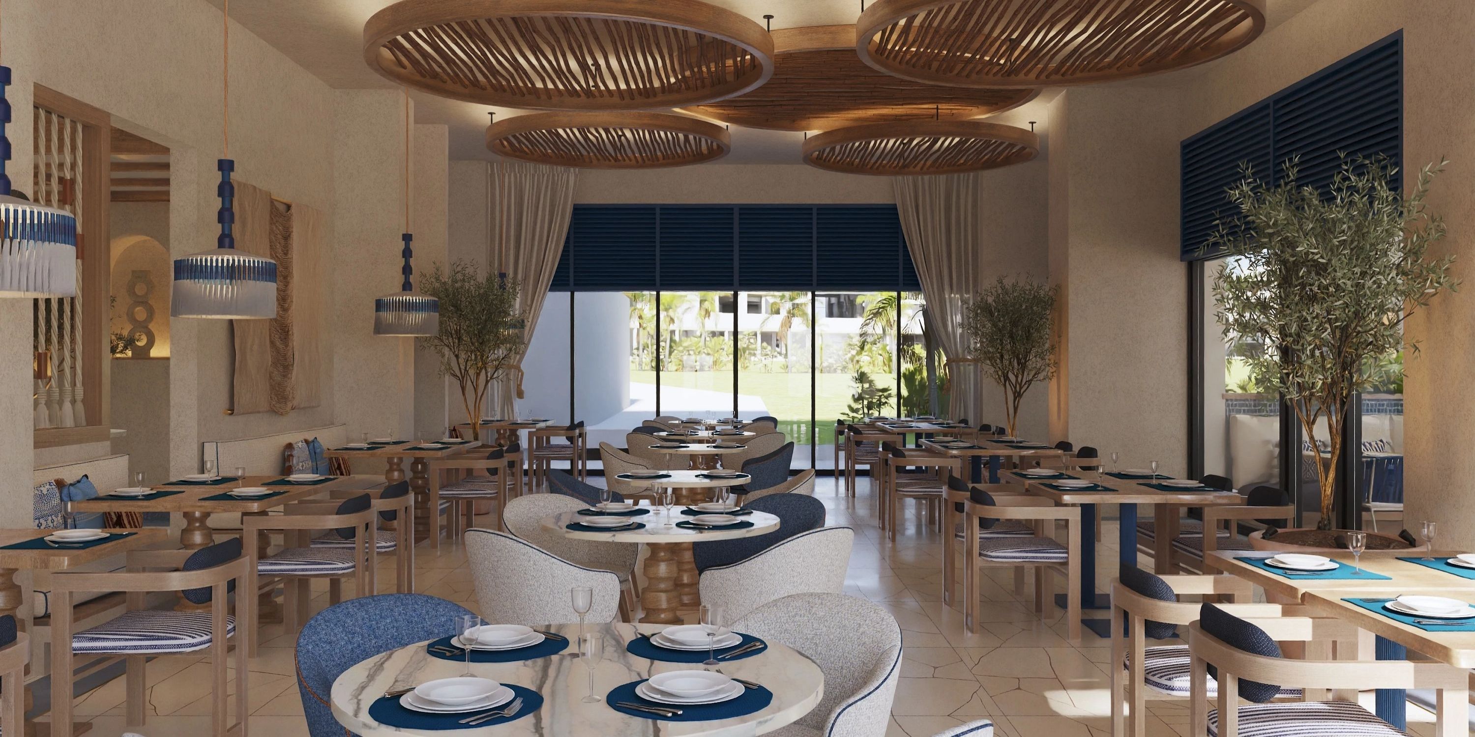 Dreams Macao Beach: modern wedding venue, wood tables, blue accents, round ceiling lights.