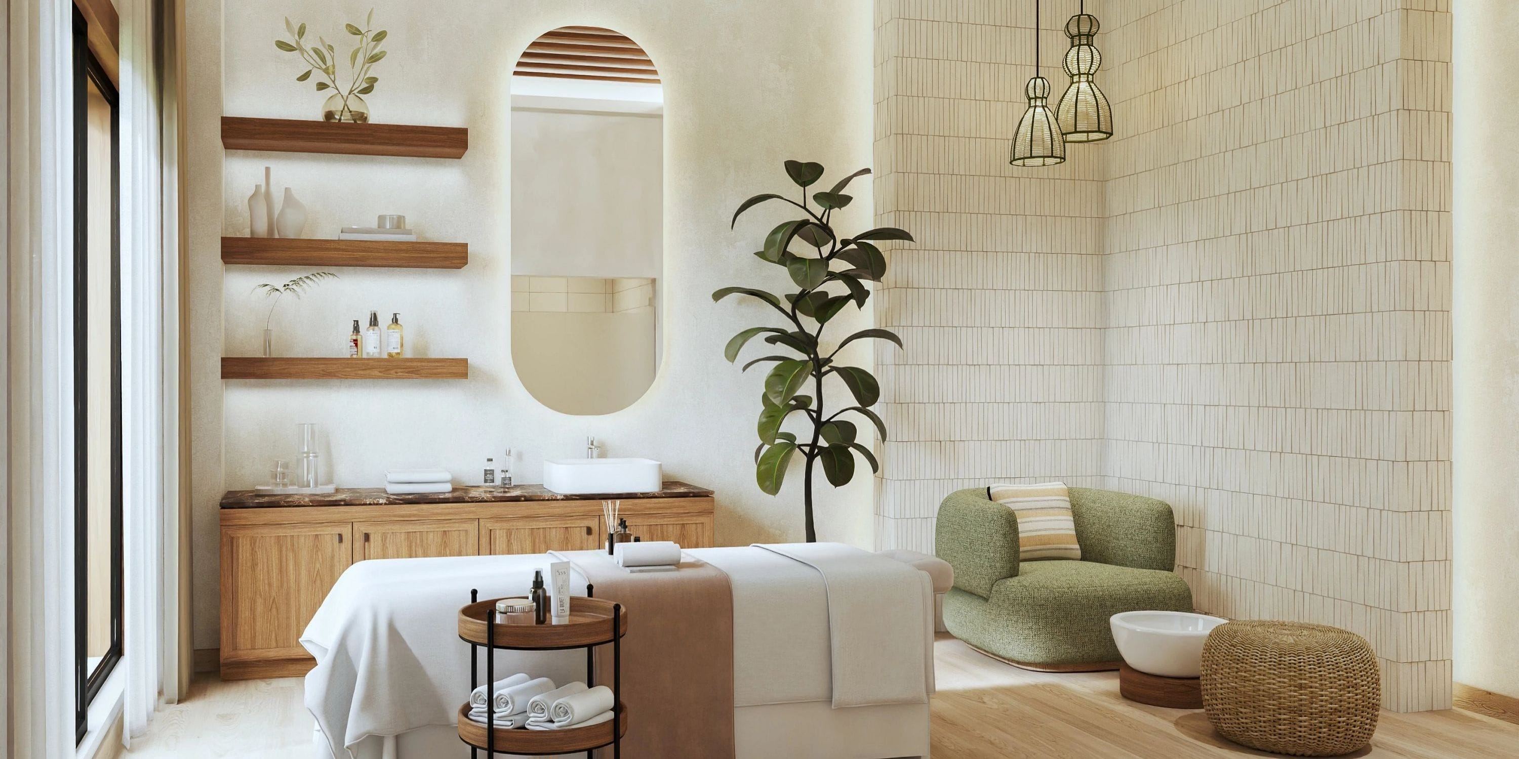 Spa room at Dreams Macao Beach: massage table, wood shelves&mdash;ideal for a destination wedding retreat.