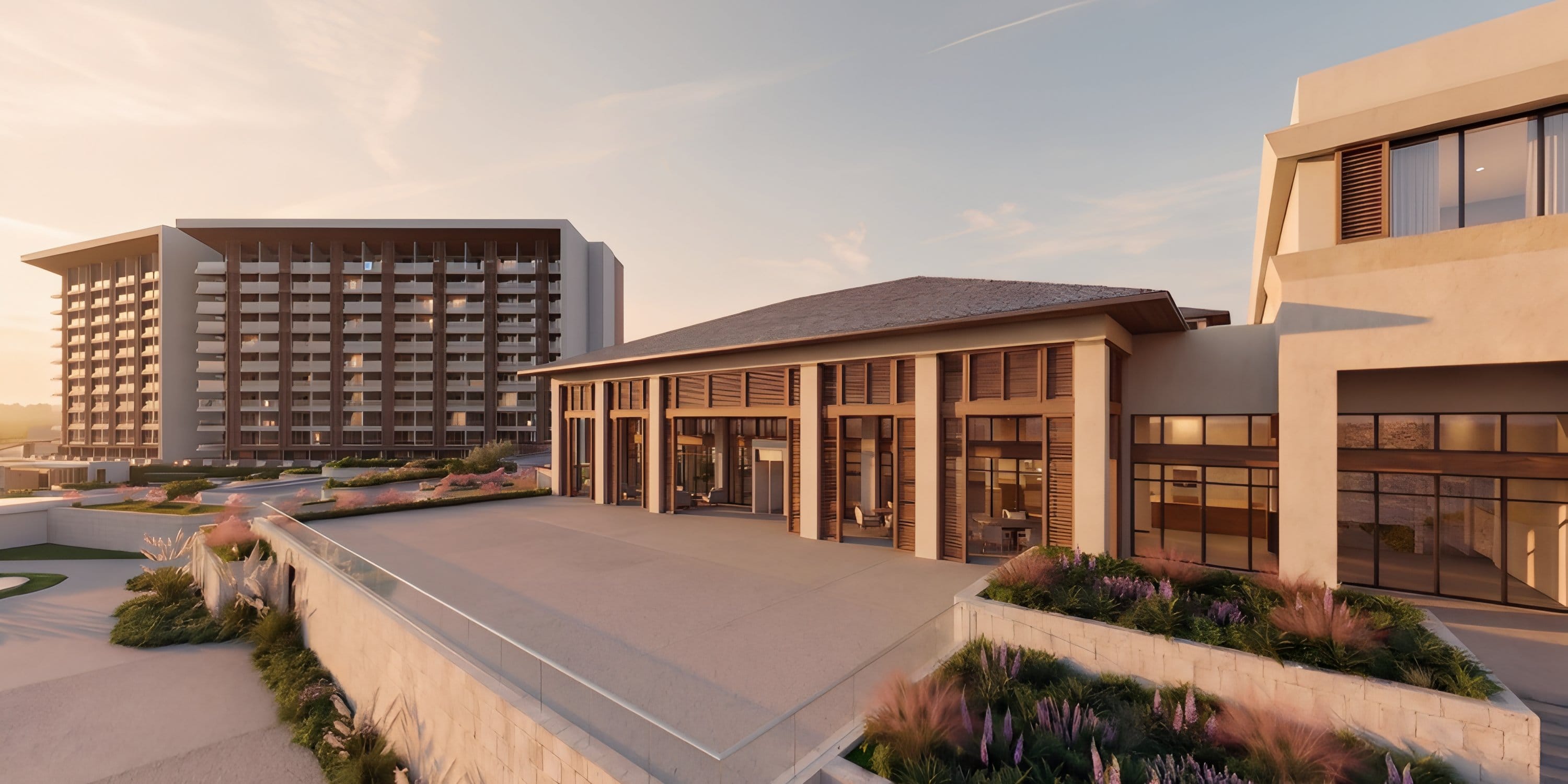 Modern hotel buildings at sunset, ideal for a destination wedding, with balconies and lush plants.