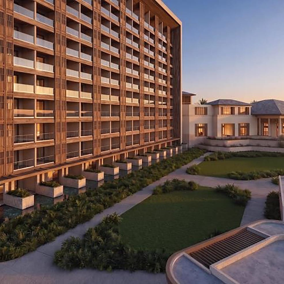 Modern resort hotel with balconies overlooking a landscaped courtyard for a destination wedding.