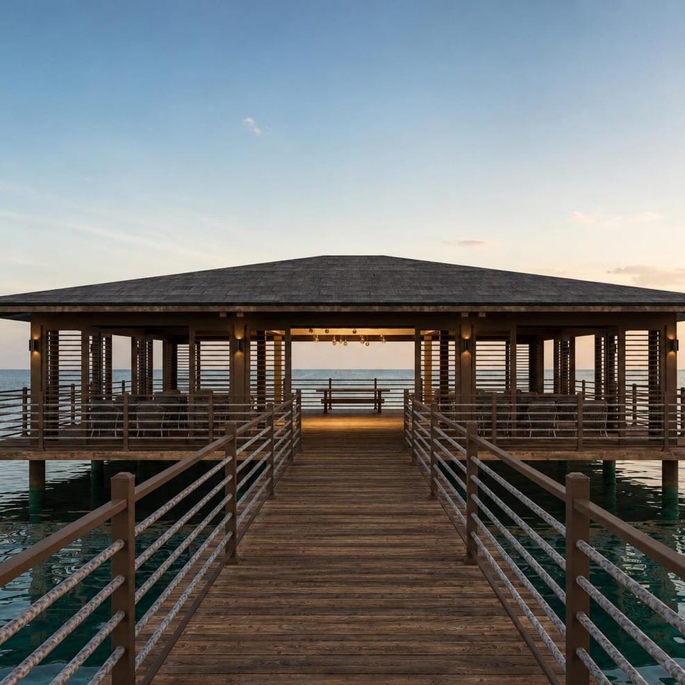 Wooden pier leading to an overwater pavilion set for a destination wedding.