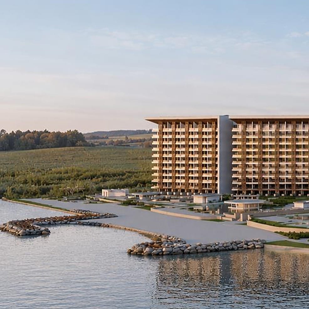 Large resort hotel by a lake, the perfect setting for a destination wedding.