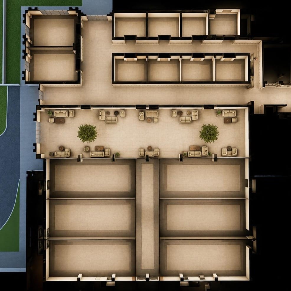Top-down floor plan of a destination wedding venue with event rooms and a lounge.