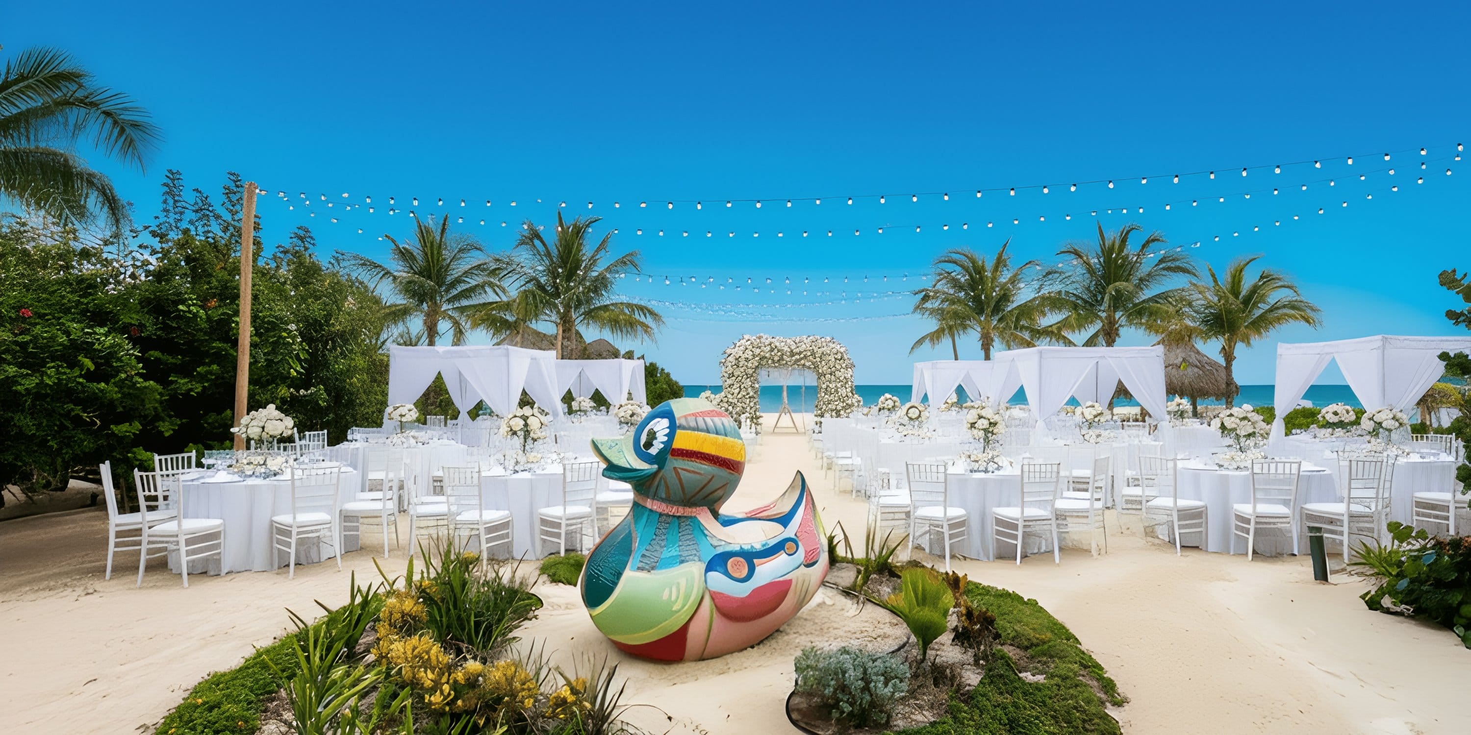 Beachfront destination wedding venue at Dreams Playa Mujeres with white tables and a duck sculpture.