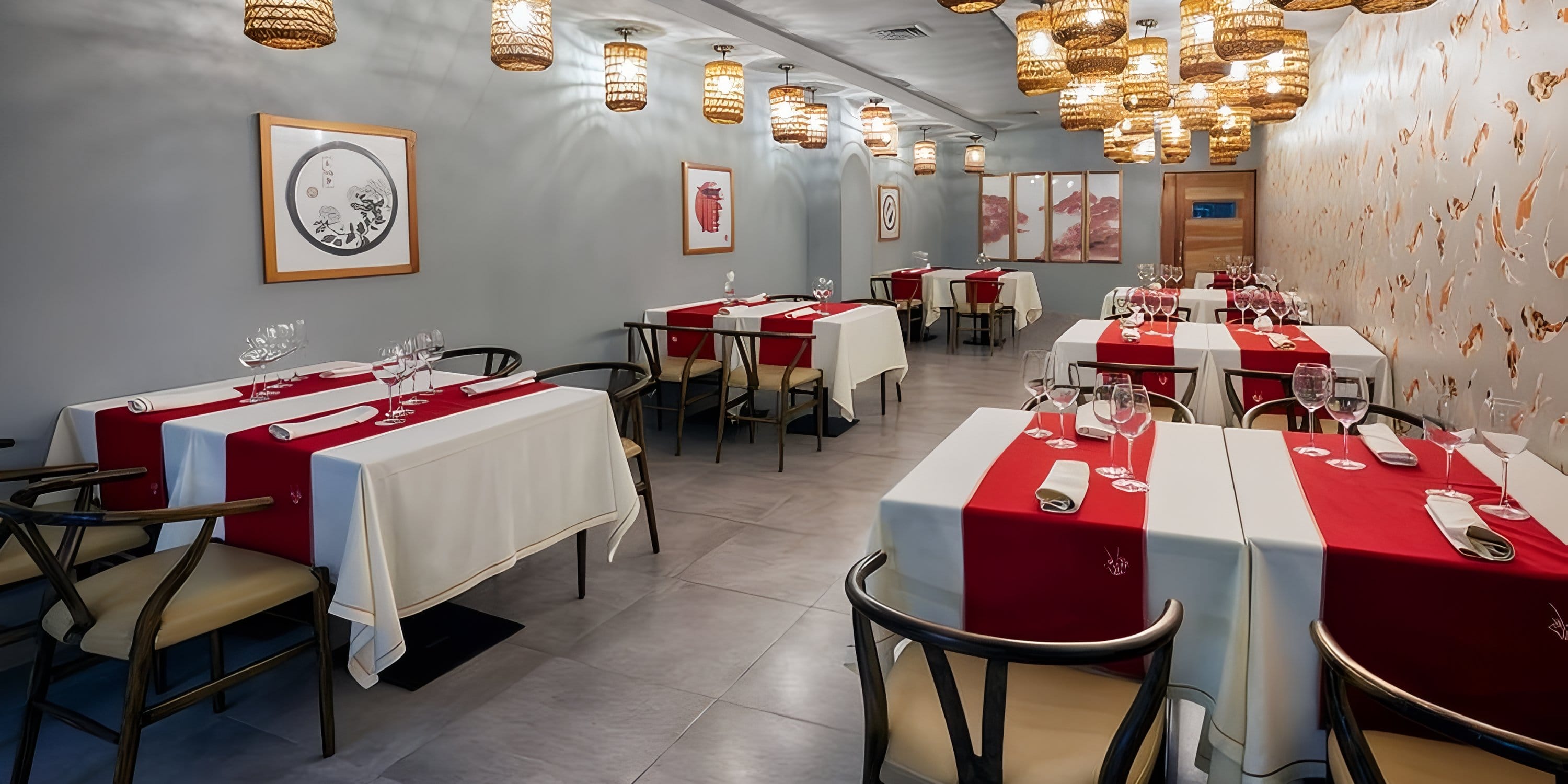 Dining room at Viva Maya by Wyndham set for a destination wedding with red runners.