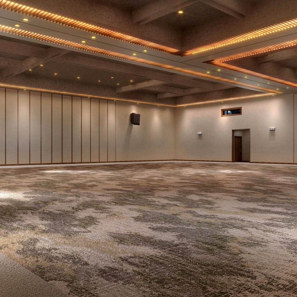 Empty hotel ballroom prepared for a destination wedding.