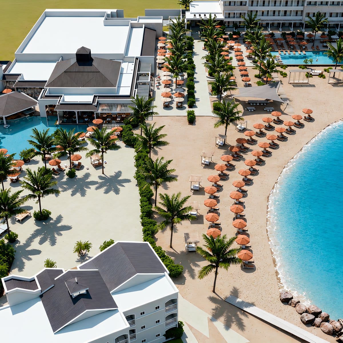 Aerial view of Royalton CHIC Antigua, a destination wedding resort with pools and beach umbrellas.