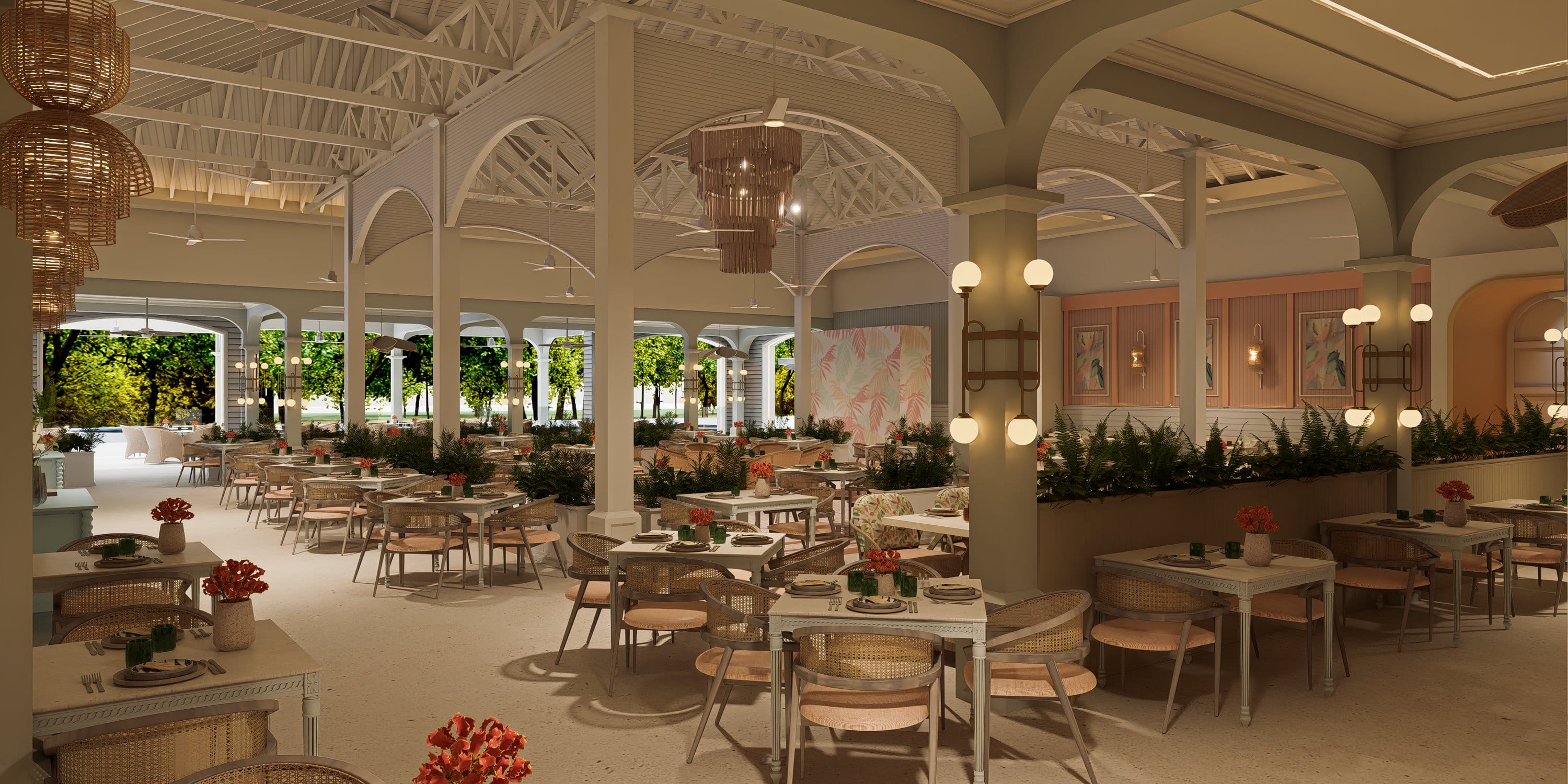 Open-air restaurant at Royalton CHIC Antigua set up for a destination wedding.