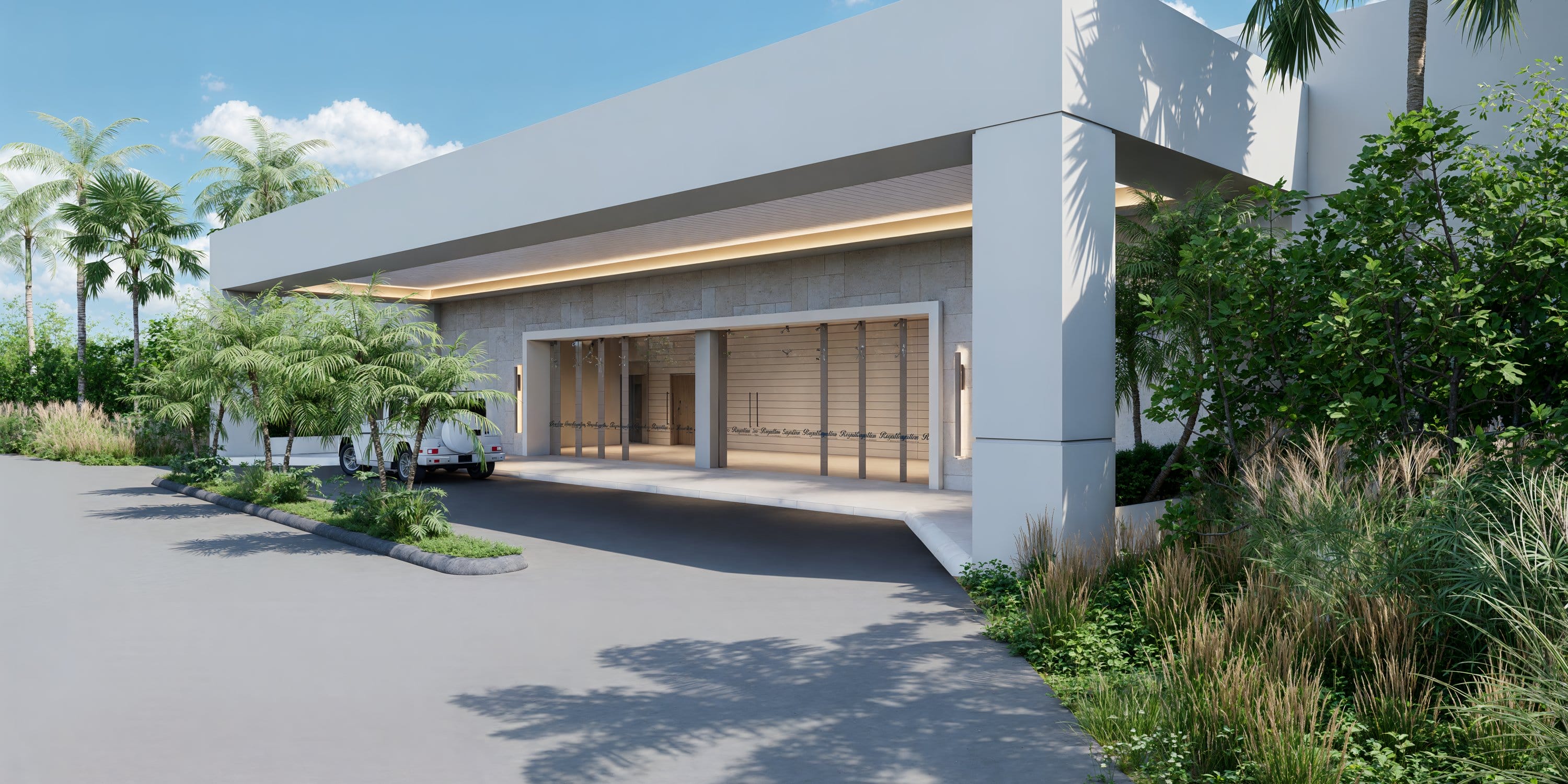 Modern destination wedding entrance to Royalton CHIC Antigua with glass, palms, and a white SUV.