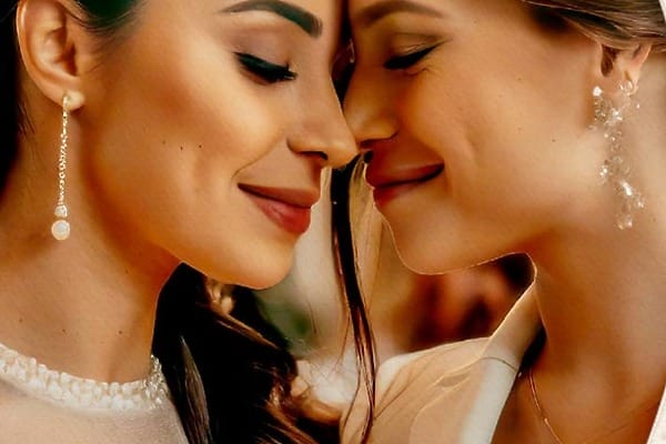 Two brides embrace with foreheads touching during their destination wedding at SLS Playa Mujeres.
